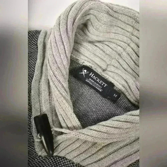 HACKETT Grey Navy Blue Cotton Cashmere  Shawl Collar Knit Sweater Medium Italy - Picture 6 of 10